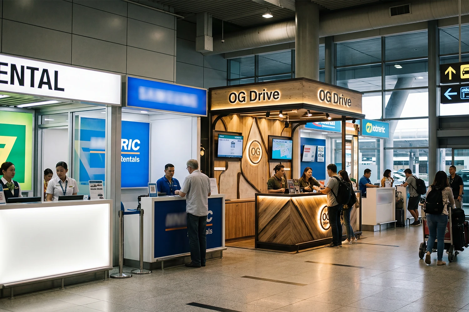 Car rental counters including OG Drive at an airport terminal