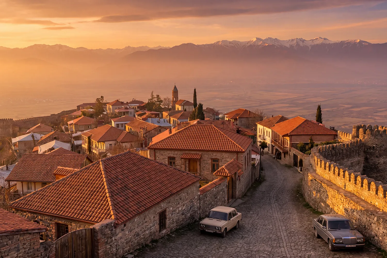 Cars parked along a cobbled lane just outside the city walls of Sighnaghi, with terracotta rooftops and the Caucasus mountains behind at sunset.