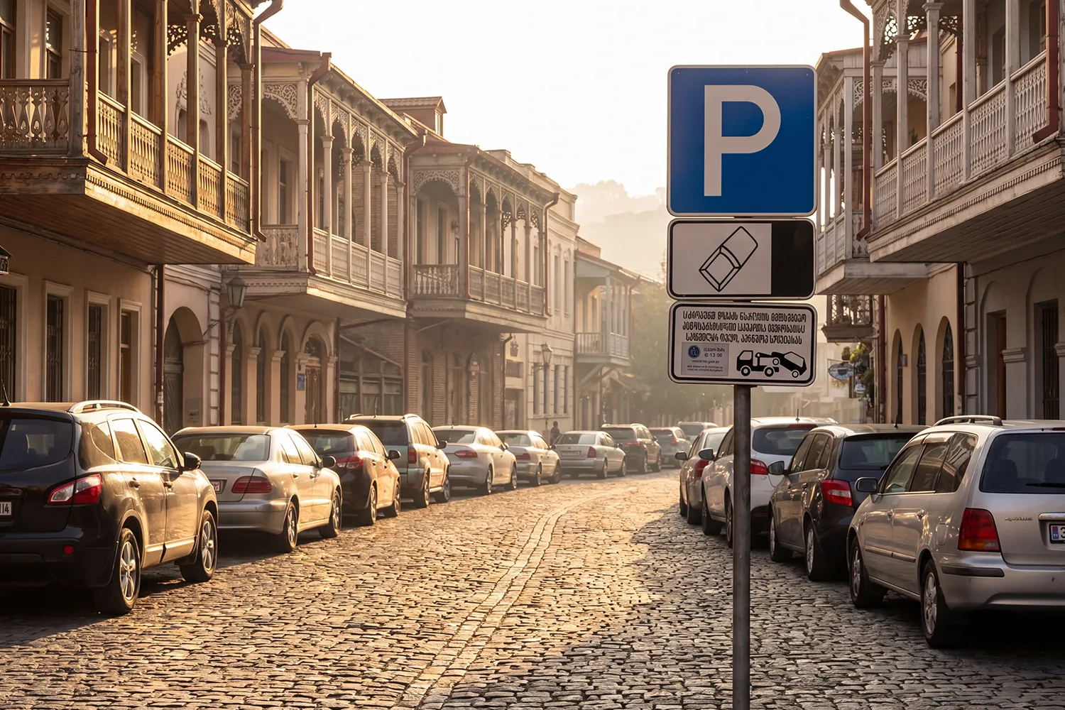 Cars parked along a sloping Tbilisi street in the Sololaki district at golden hour, with traditional Georgian wooden balconies and a blue parking sign visible.