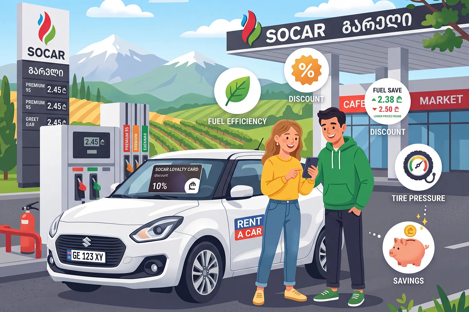 Young couple at a Georgian gas station comparing fuel prices on a smartphone next to their compact rental car, surrounded by icons representing discounts, fuel efficiency, and savings in lari.