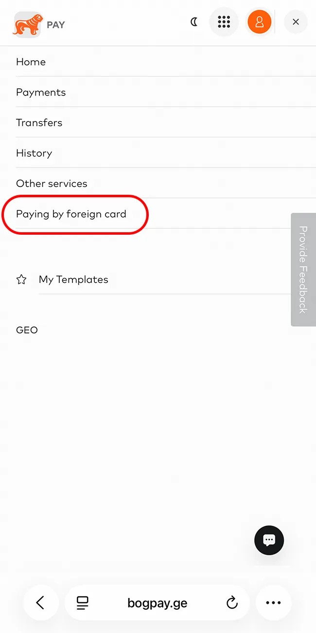 Step 2 — choose Payment from foreign cards
