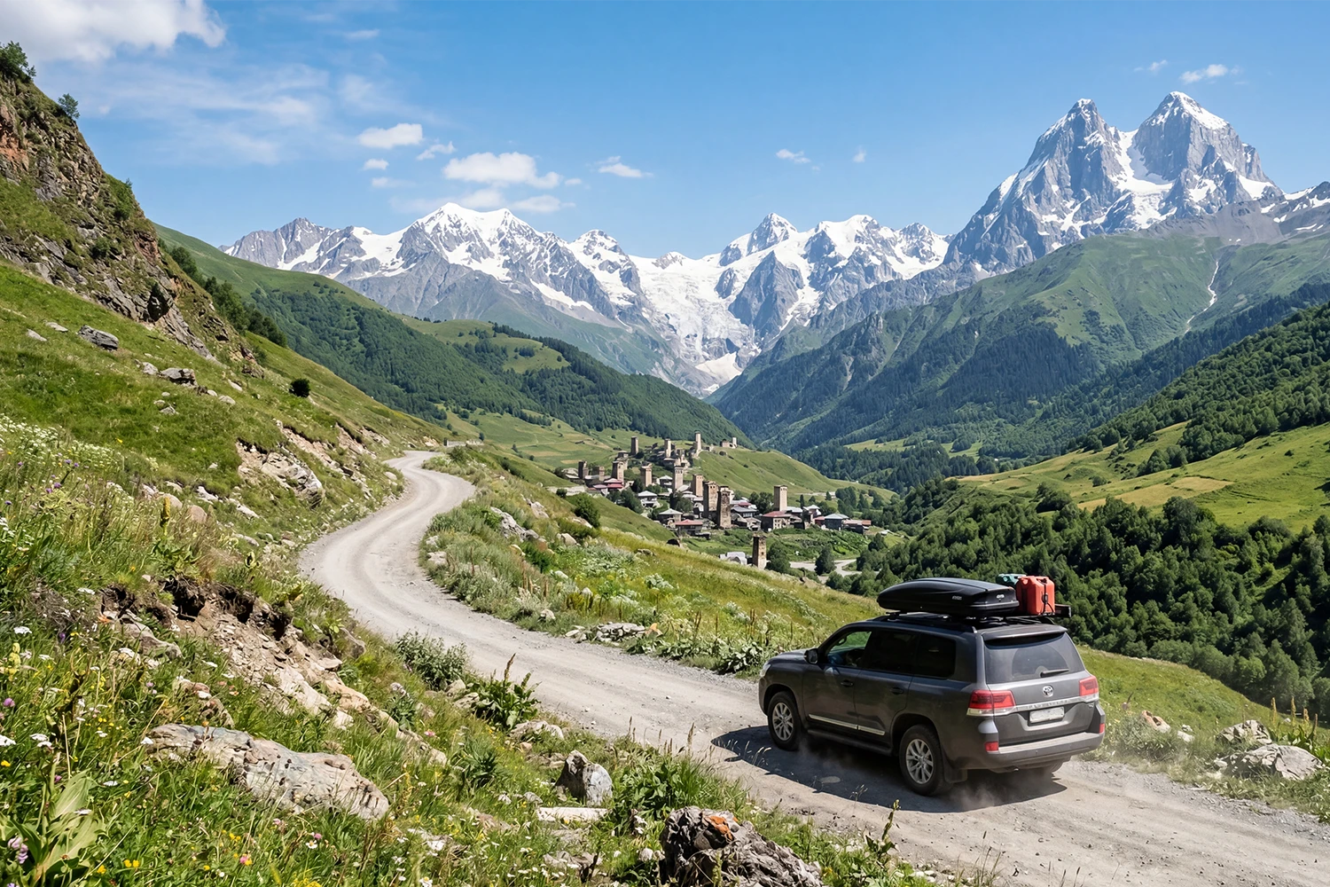 Ushguli village with Svaneti picks
