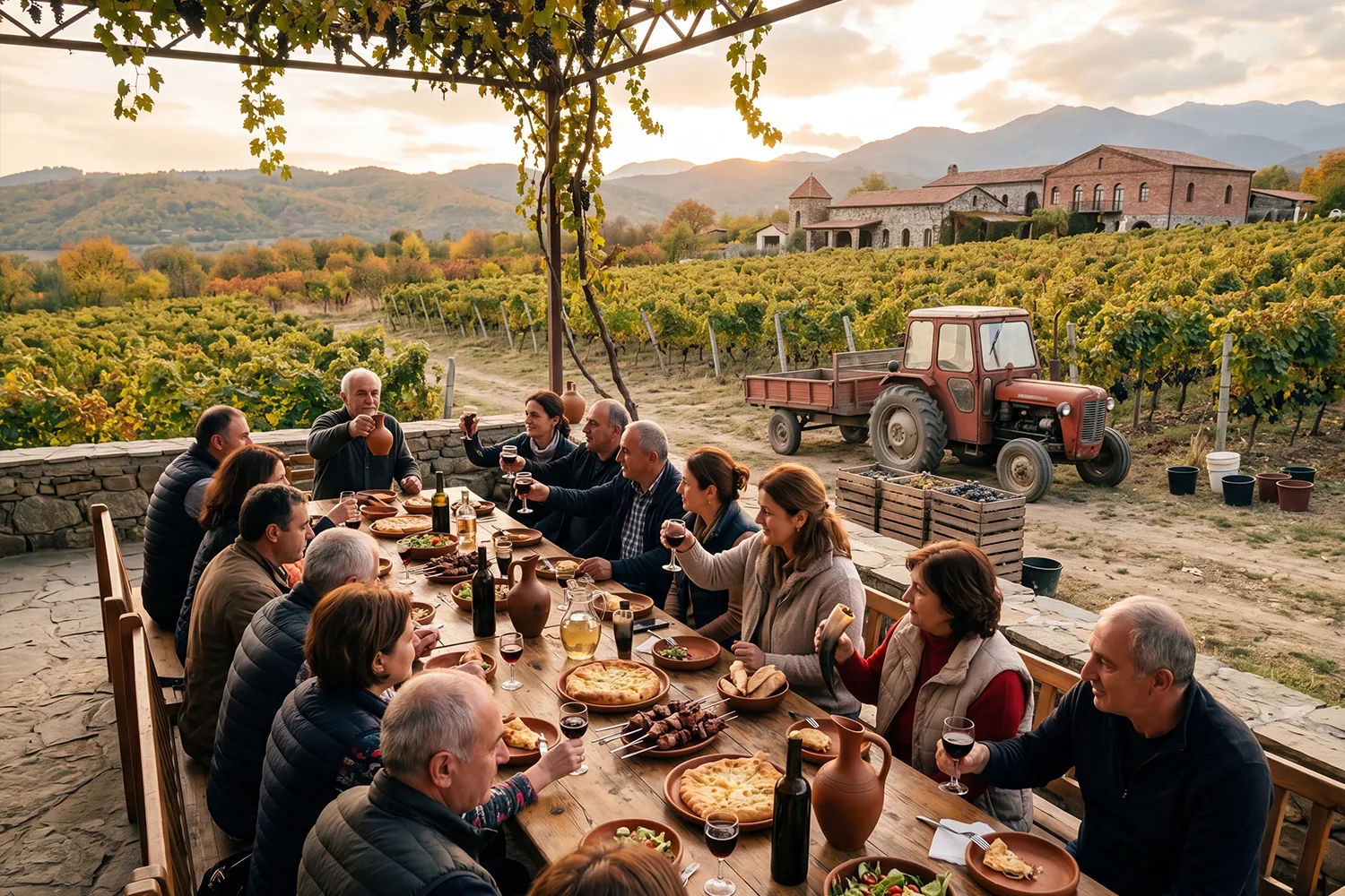 Georgian people congratulate harvesting by eating Supra in their marani
