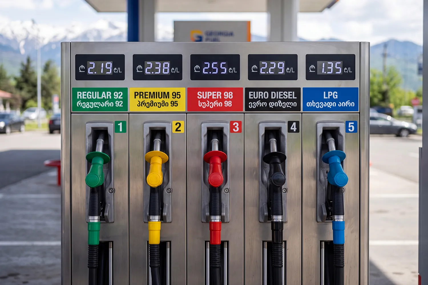 Row of color-coded fuel pump nozzles at a Georgian gas station labeled Regular 92, Premium 95, Super 98, Euro Diesel, and LPG, with price displays in lari per litre and the Caucasus mountains softly blurred in the background.