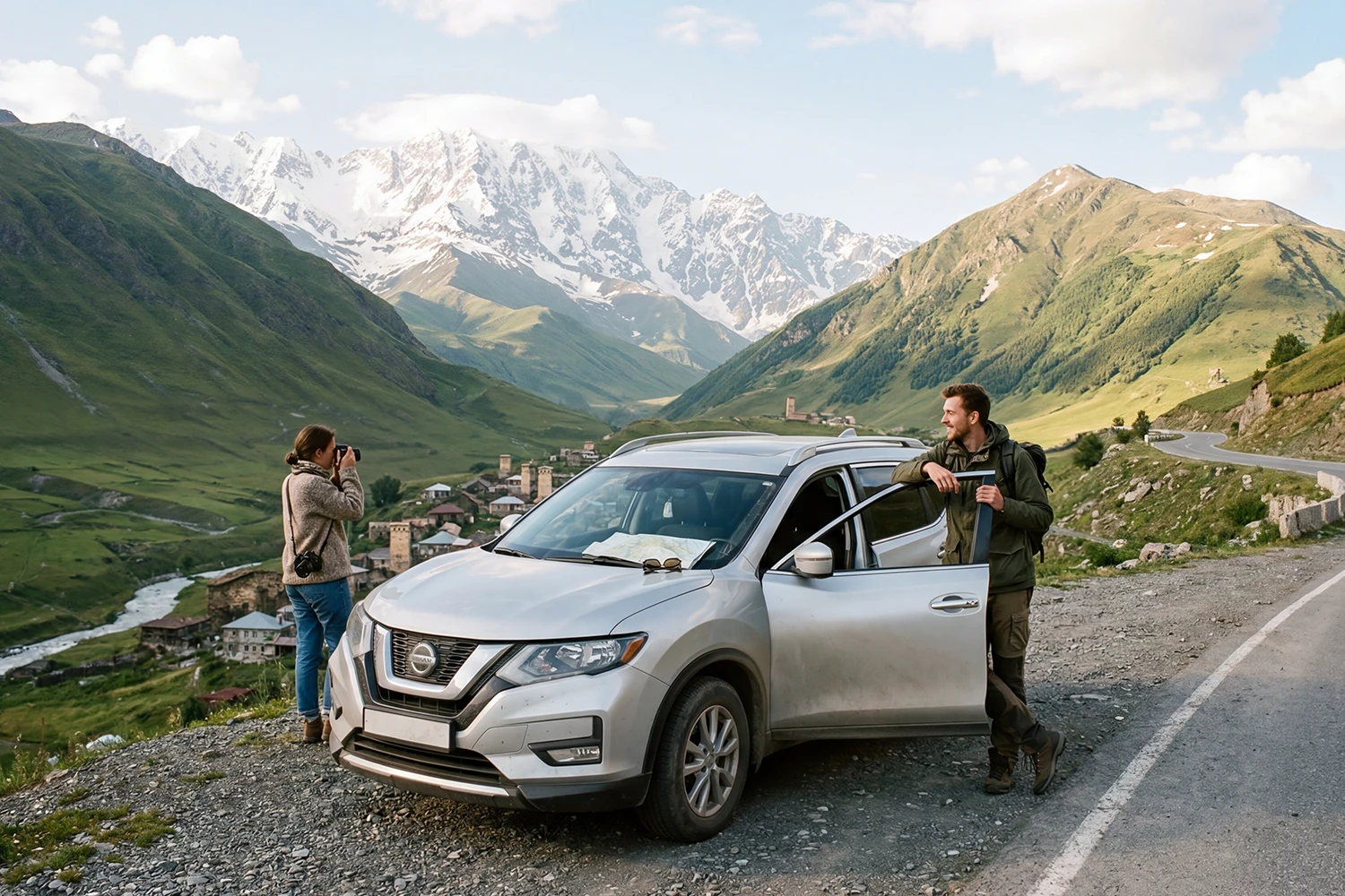 Tourists with a rental SUV enjoying a scenic road trip through the Caucasus mountains in Georgia.