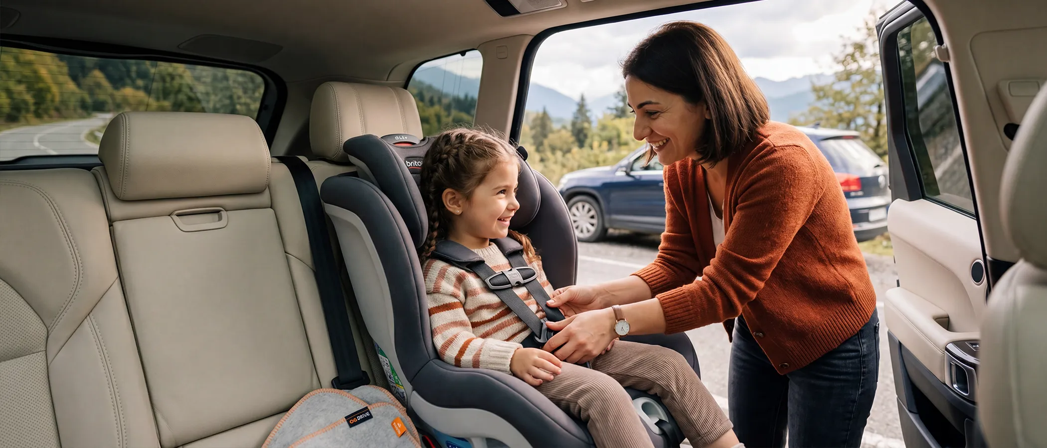 Child in a car seat on the rear seat for the child passenger rules section