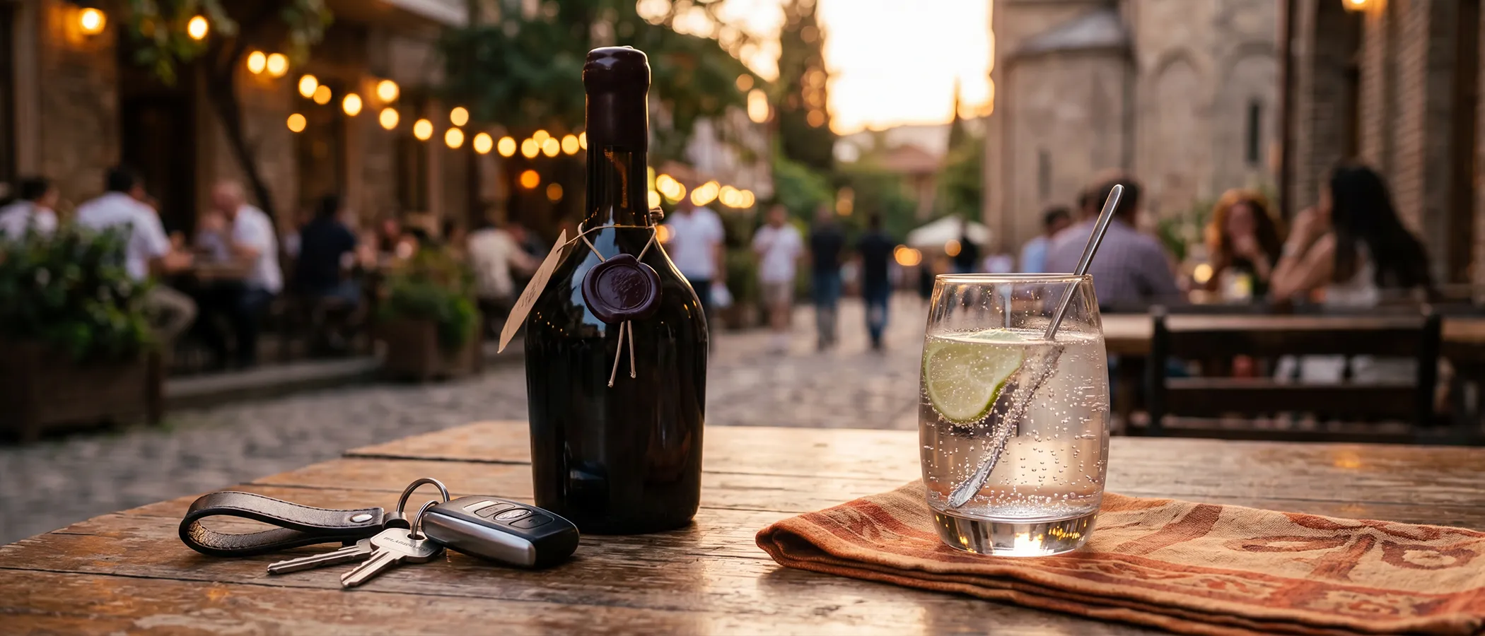 Car keys beside Georgian wine and sparkling water as a reminder not to drink before driving