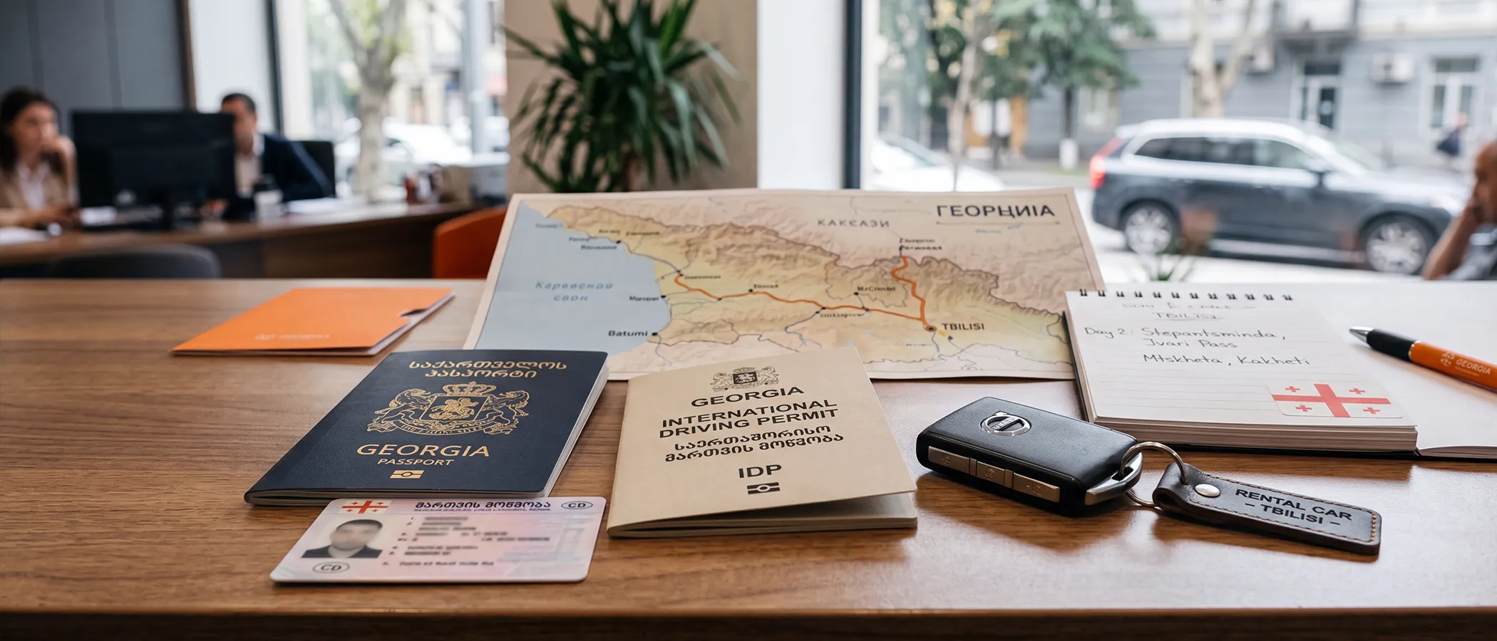 Passport, driving license, international driving permit, and car key on a rental desk