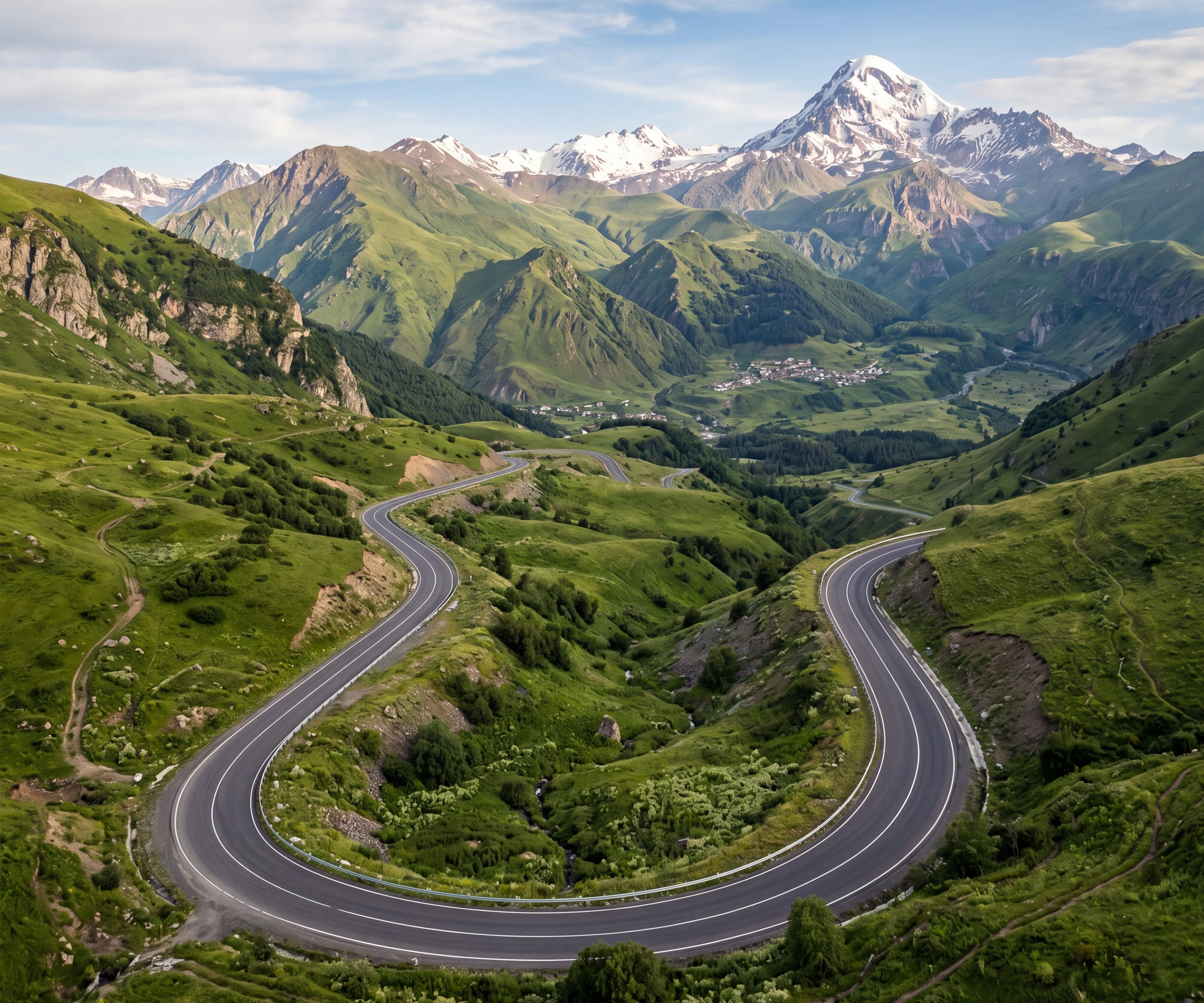 Mountain road in Georgia through green valleys for a self-drive road trip