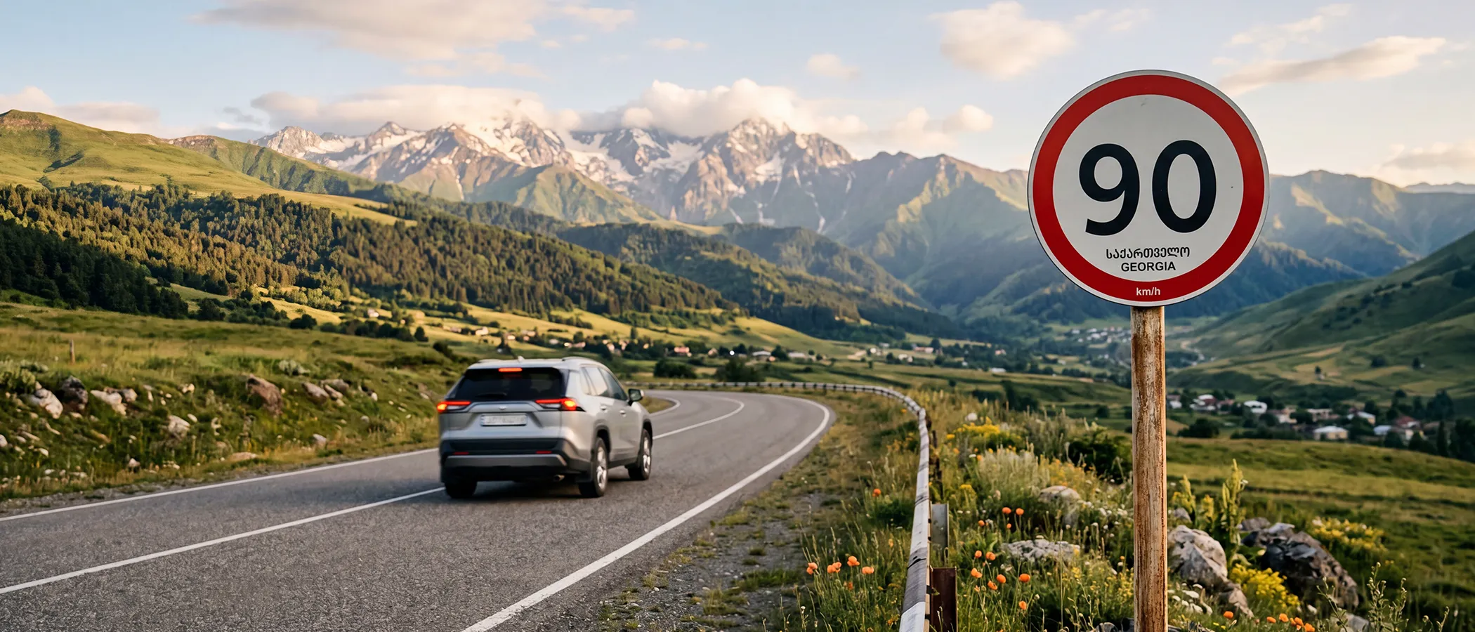 Roadside speed limit sign in Georgia with Caucasus foothills and a blurred rental car in the distance