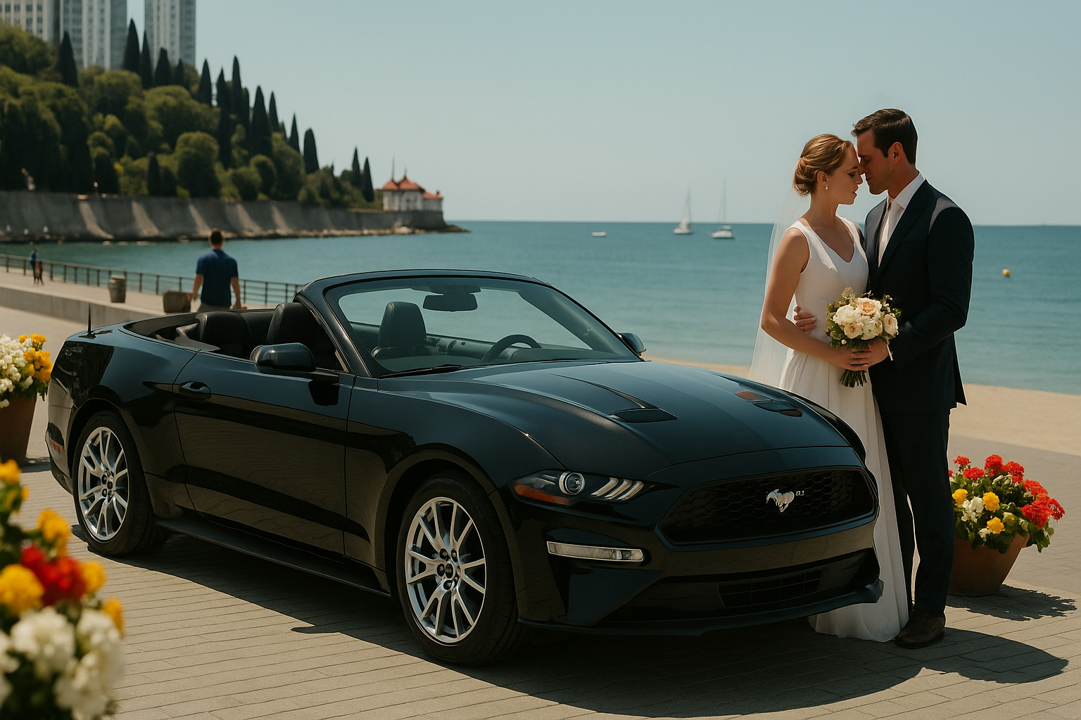 Аренда для свадьбы кабриолет Элитный кабриолет с открытым верхом, украшенный цветами, на фоне Черноморского побережья в Батуми, счастливая пара