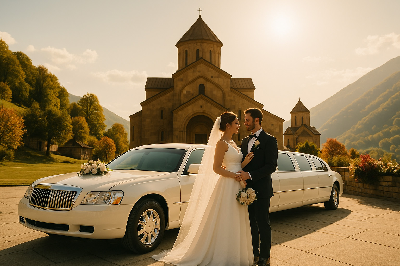 Аренда авто для свадьбы Молодая пара в свадебных нарядах фотографируется рядом с роскошным лимузином, украшенным цветами и лентами, на фоне живописного горного пейзажа Грузии. Вдалеке виднеется церковь Святой Троицы Гергети, окруженная заснеженными вершинами. Яркое солнце, романтическая атмосфера, счастливые лица молодоженов