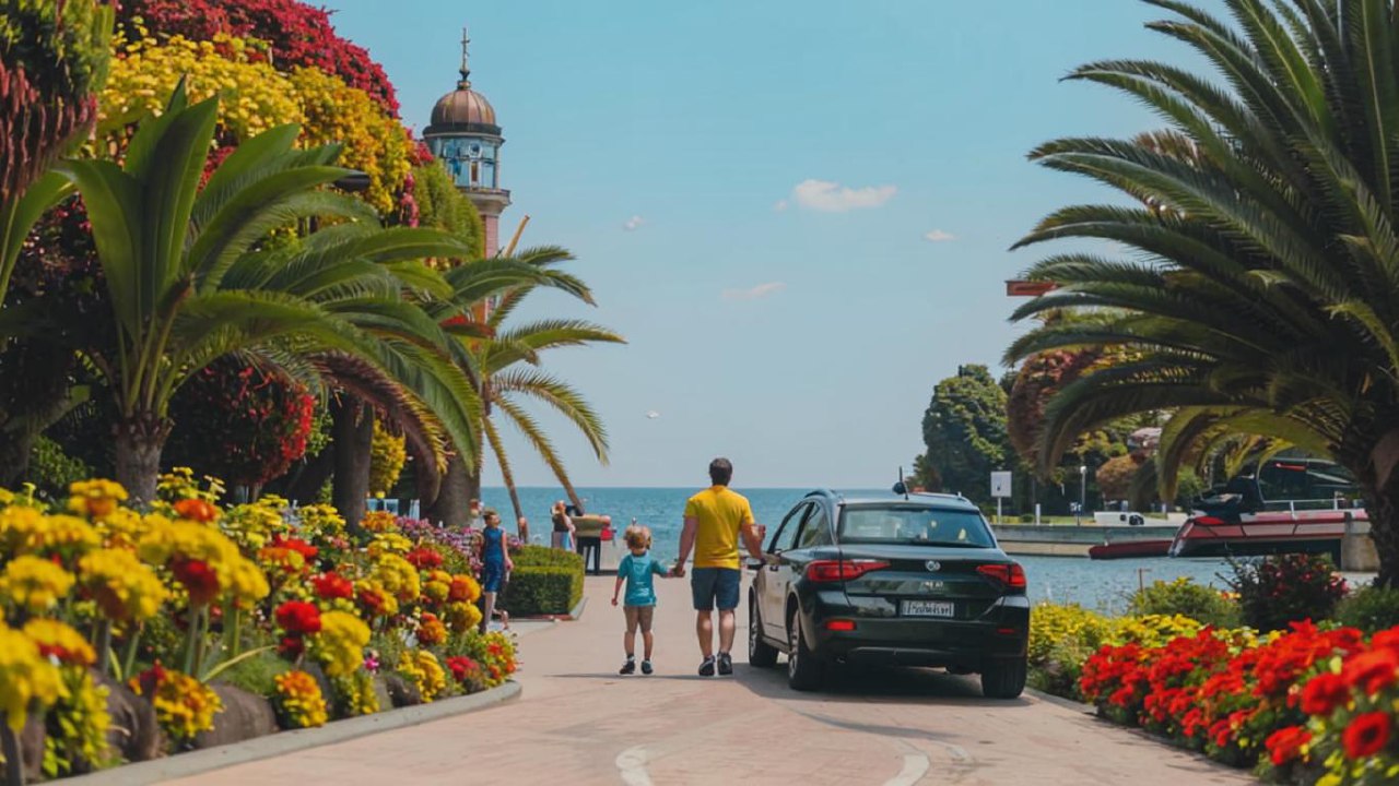 Семья на прогулке в Ботаническом саду Батуми Семья на прогулке в Ботаническом саду Батуми, рядом припаркованный арендованный автомобиль с детским креслом, яркие цветы и море на заднем плане